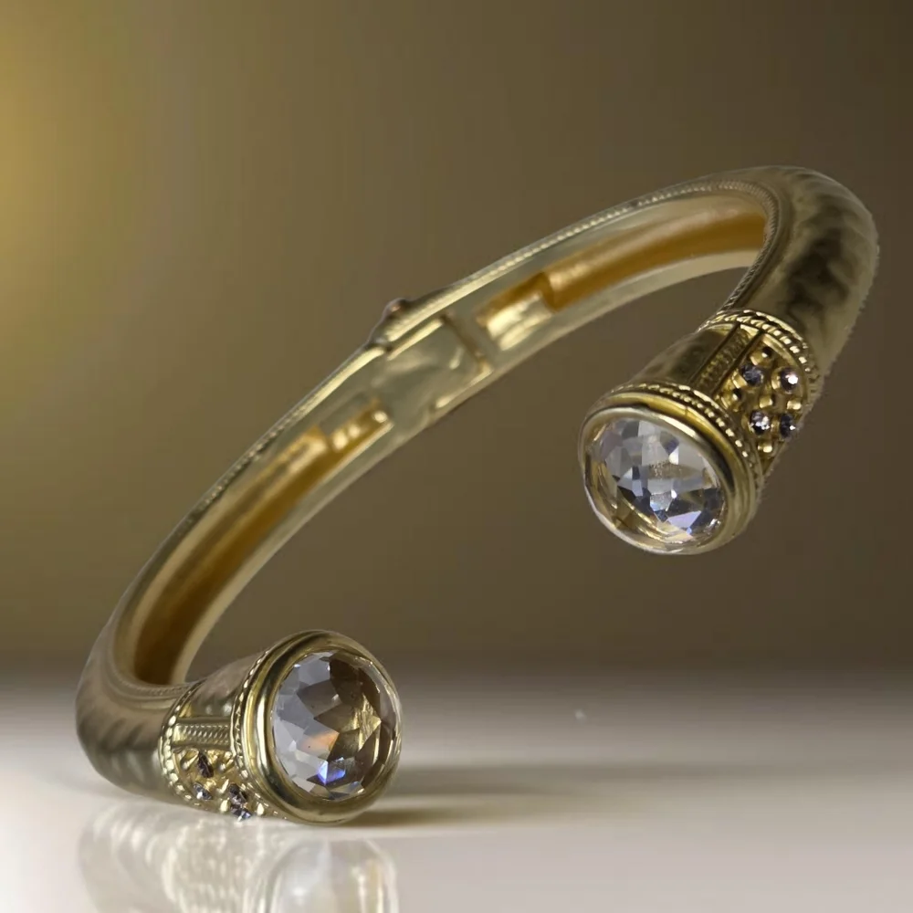 14k Matte Gold Plated Hydro Quartz Crystal Chunky Hinged Bangle Bracelet